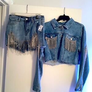 NWT Nordstroms Denim Jacket & Akira Shorts * Chainlink Rhinestone Fringe Accents